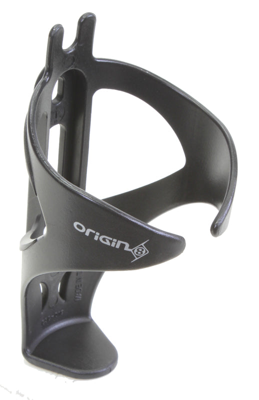 Origin8 Fiber-Wing Bottle Cage: a sleek, black plastic water bottle holder with a wing-shaped, relieved design. Made from nylon fiber, it fits standard bottles and weighs only 45 grams.