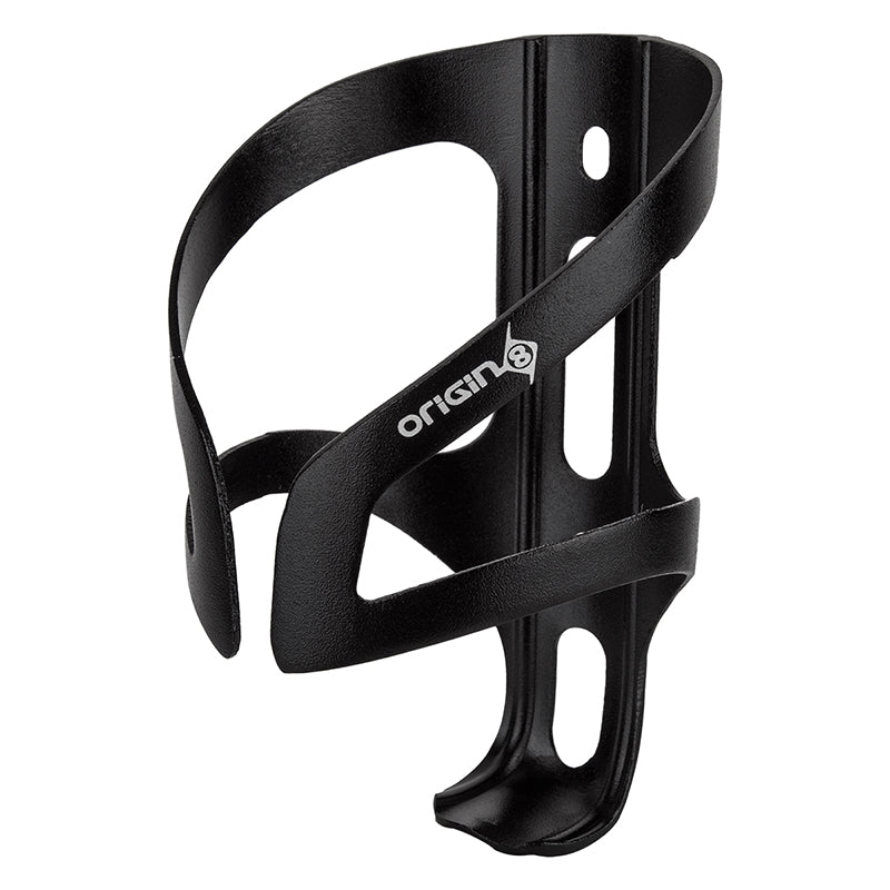 Origin8 Hydr8r Alloy Bottle Cage showcasing a sleek, black design and robust alloy construction. This cycling accessory fits universally on any bike’s down tube, providing a lightweight and durable hydration solution.