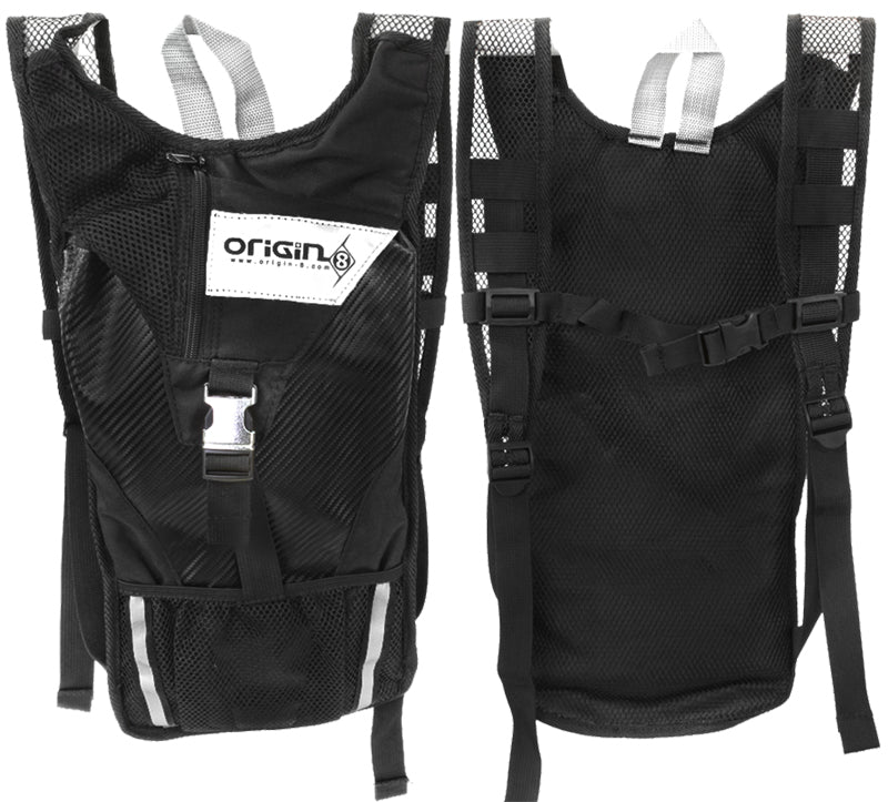 Origin8 Hydra-PRO 2.5 Liter Hydropack, featuring a black bag with straps, zippered storage pocket, wide mesh shoulder straps, and buckle flap closure, ideal for biking or hiking hydration needs.