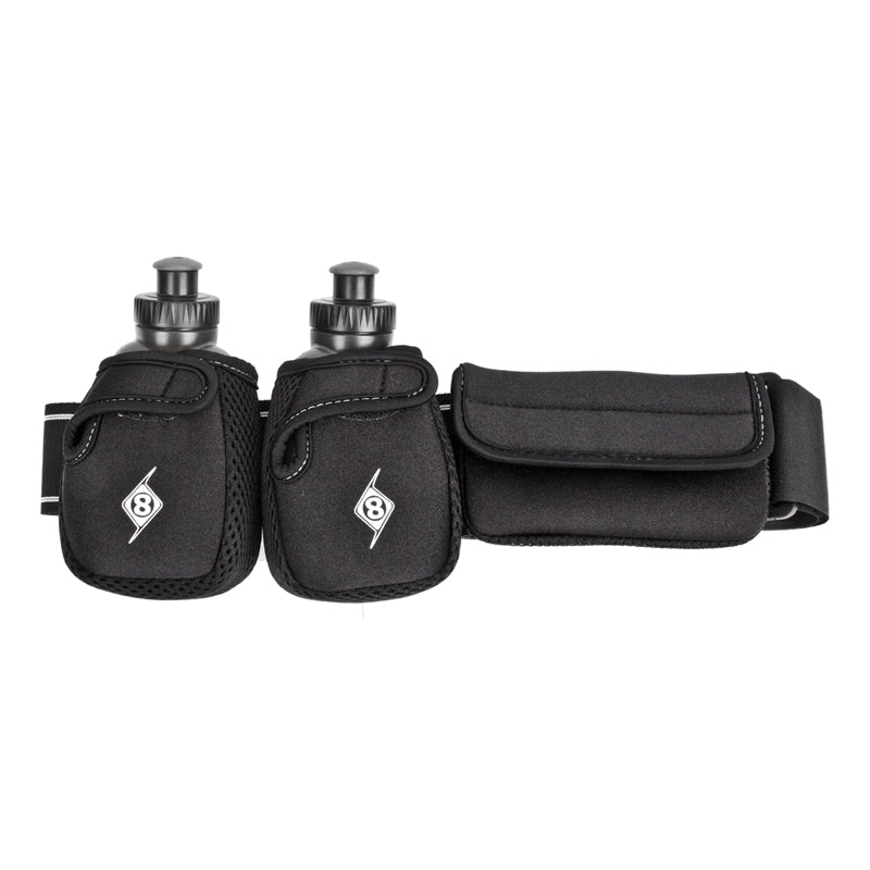 Origin8 Hydration Power Belt with two 300cc water bottles strapped to a nylon belt, featuring additional gear pouch and reflective trim, designed for easy waist carrying during activities.