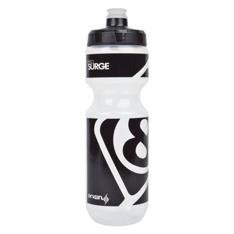 Origin8 Pro-Surge 700cc Water Bottle with a black and white label, featuring a dual-density, lightweight design and a soft rubber high-pressure valve for convenient hydration.