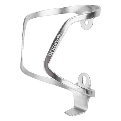 Origin8 Slimline Bottle Cage, a sleek silver metal holder with a minimalist skeleton frame design, fits standard hydration bottles. Lightweight alloy construction at just 22 grams, includes mounting hardware.