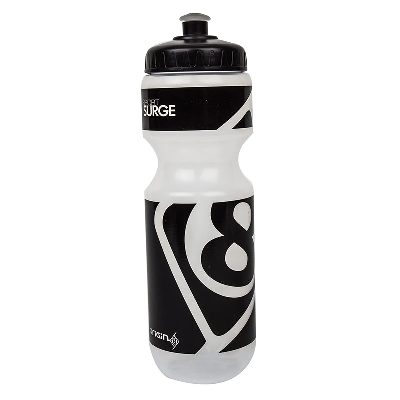 Origin8 Sport-Surge 700cc Water Bottle with a black and white label, featuring a pull top valve; ideal for biking, lightweight, and BPA-free.