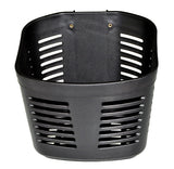 Black Plastic Oval Basket with Mounting Hardware for Go-Go Travel Scooters. The lightweight, durable basket features holes throughout and is designed to mount on the front tiller of compatible scooter models.