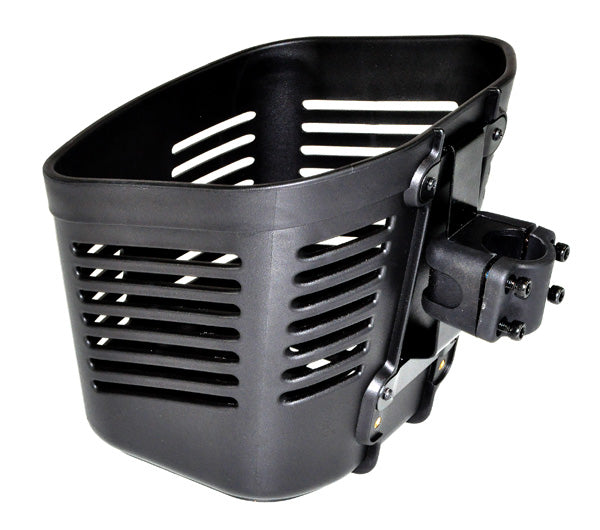 Black Plastic Oval Basket with Mounting Hardware for Go-Go Travel Scooters, featuring a lightweight design with holes, made to fit on the front tiller of various compatible scooter models.