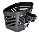 Black Plastic Oval Basket with Mounting Hardware for Go-Go Travel Scooters, featuring a lightweight design with holes, made to fit on the front tiller of various compatible scooter models.