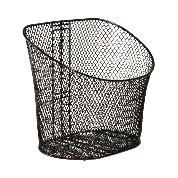 Oval Basket with Angled Opening for Pride Mobility Scooters, black wire design, shown on a white background, ideal for mounting on the tiller.