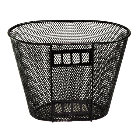 Oval Basket for Pride Mobility Scooters: A black mesh wire basket designed for easy mounting on various Pride Mobility scooter models, measuring 12 x 8-1/2.