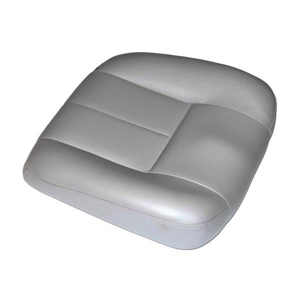 24x20 Gray Deluxe Contour Vinyl Seat Base for Jazzy Power Chairs, featuring detailed stitching and extra width, designed for specific Jazzy models. Close-up shows the cushioned texture.