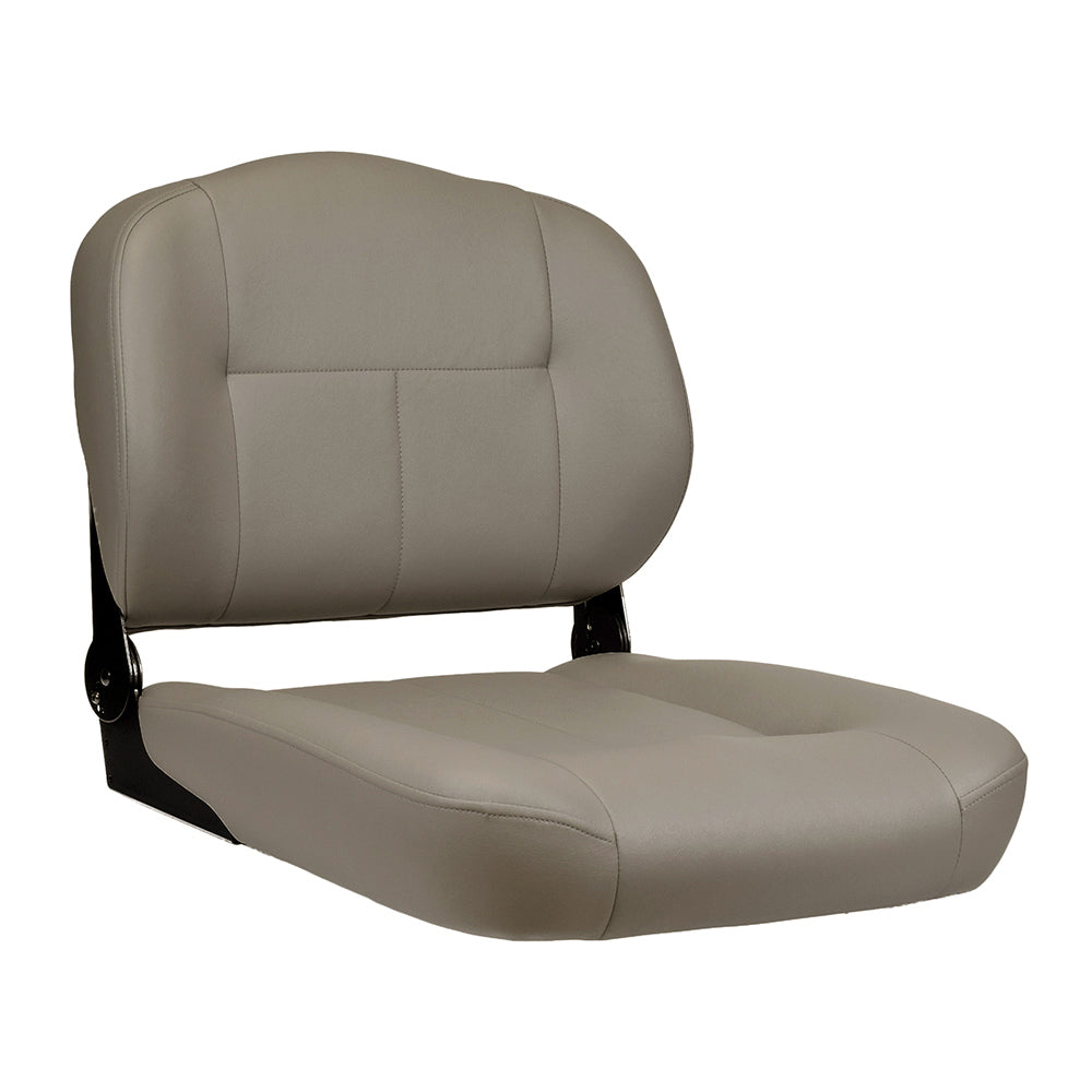 18 x 20 Brown Medium-Back Deluxe Contour Vinyl Seat Assembly for Pride, Jazzy, and Jet scooters; features grey seat with black armrests and frame, designed for comfortable mobility.