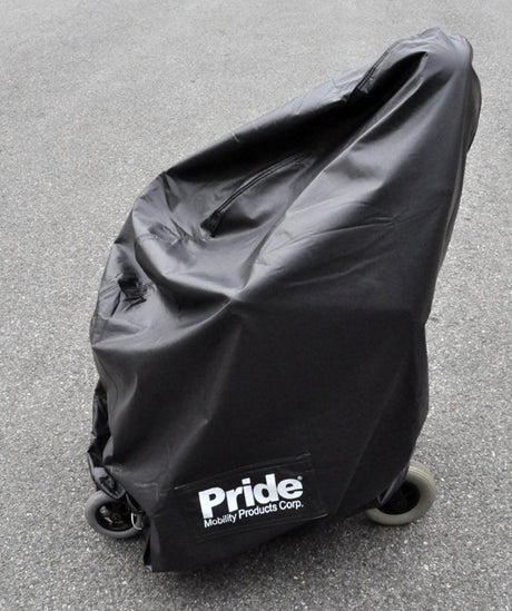 Small Weatherproof Cover for the Go-Go Go-Chair & Jazzy Z-Chair, shown as a black plastic protective bag on wheels, designed to fit various power chair brands and models.