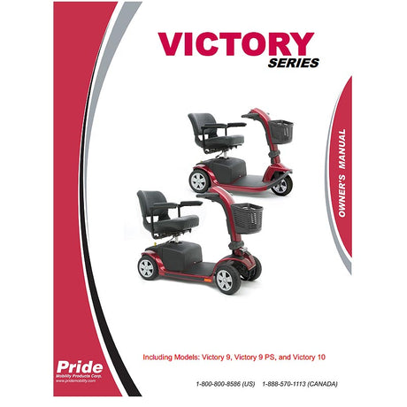 Owner's Manual for Pride Victory 9 and Victory 10 scooters, displayed with a red and black scooter image, highlighting its functionality and features.