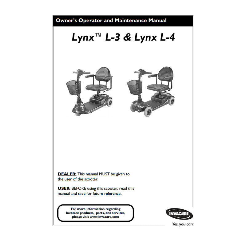 Owner's Manual for the Invacare Lynx L-3 and L-4 Mobility Scooter, displayed prominently with clear text and a detailed cover.