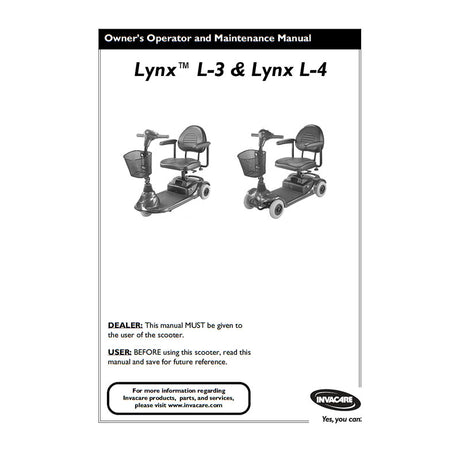 Owner's Manual for the Invacare Lynx L-3 and L-4 Mobility Scooter, displayed prominently with clear text and a detailed cover.