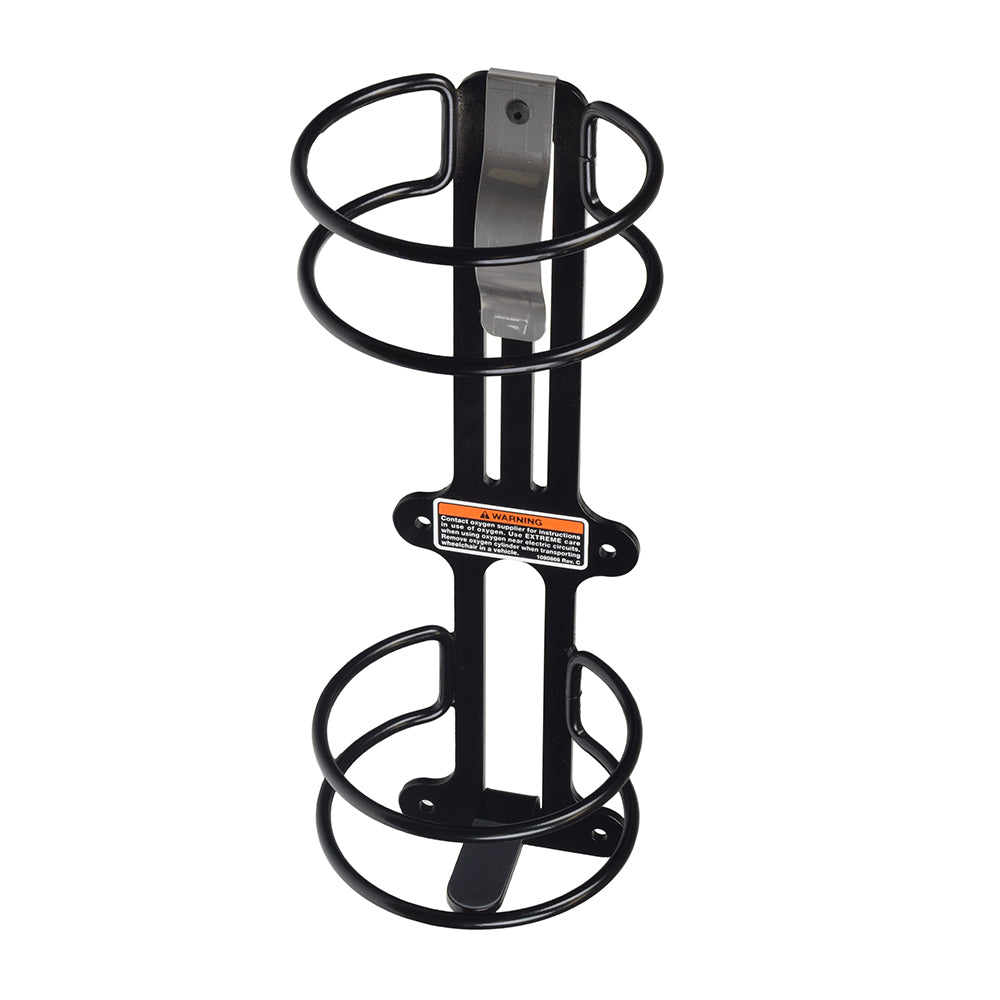 Oxygen Cylinder Holder for Invacare Mobility Scooters with Deluxe Seats, featuring a black metal frame and a metal handle for secure attachment.