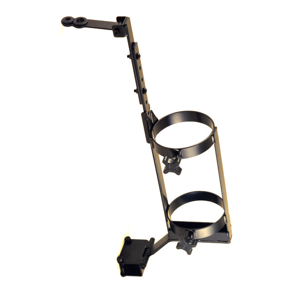 Oxygen Cylinder Holder Assembly for Jazzy Power Chairs with Limited Recline High Back Comfort Seating showing a black metal holder with a round attachment and handle, designed for secure oxygen tank mounting.