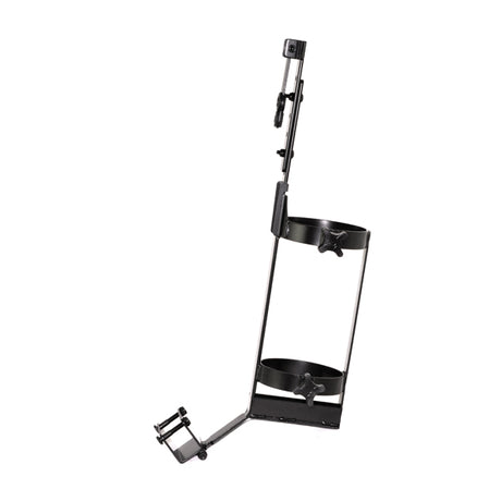 Oxygen Cylinder Holder Assembly for Jazzy Power Chairs with Limited Recline High Back Comfort Seating, featuring a black metal object with a handle, and includes mounting brackets and adjustment knobs.