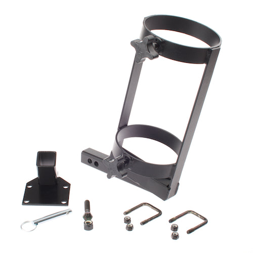 Oxygen Cylinder Holder Assembly for Jazzy Power Chairs with Pinchless Hinge Seating, featuring a black metal structure with screws, bolts, and a star-shaped detail on the side.