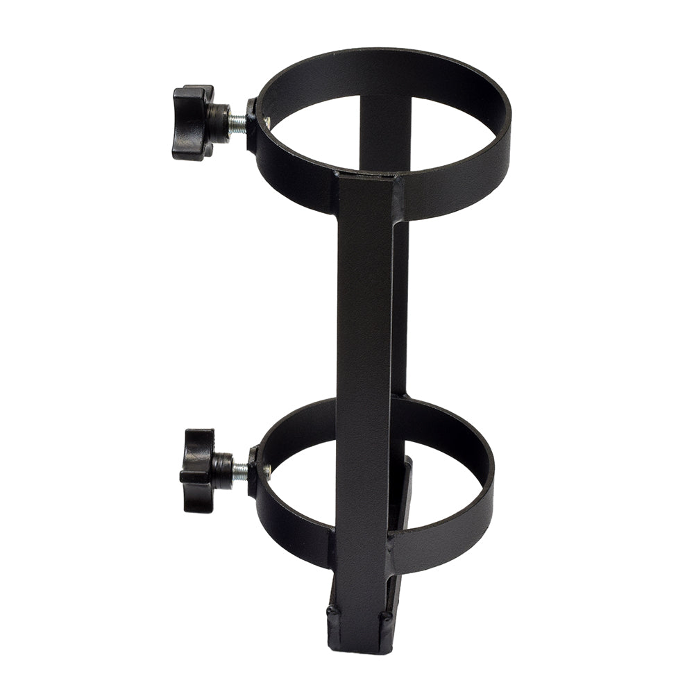 Oxygen Cylinder Holder for Pride Mobility Scooters, featuring a sturdy black metal frame with two lock knobs. Designed to securely hold D and E size oxygen cylinders.