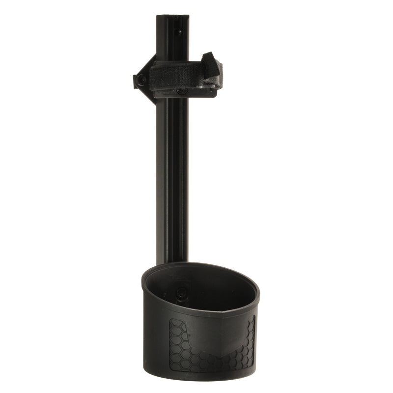 Oxygen Tank Holder for Quantum Power Chairs with the True Balance 3 System, featuring a black cylindrical holder with a handle, designed specifically to attach securely to Quantum power chairs.