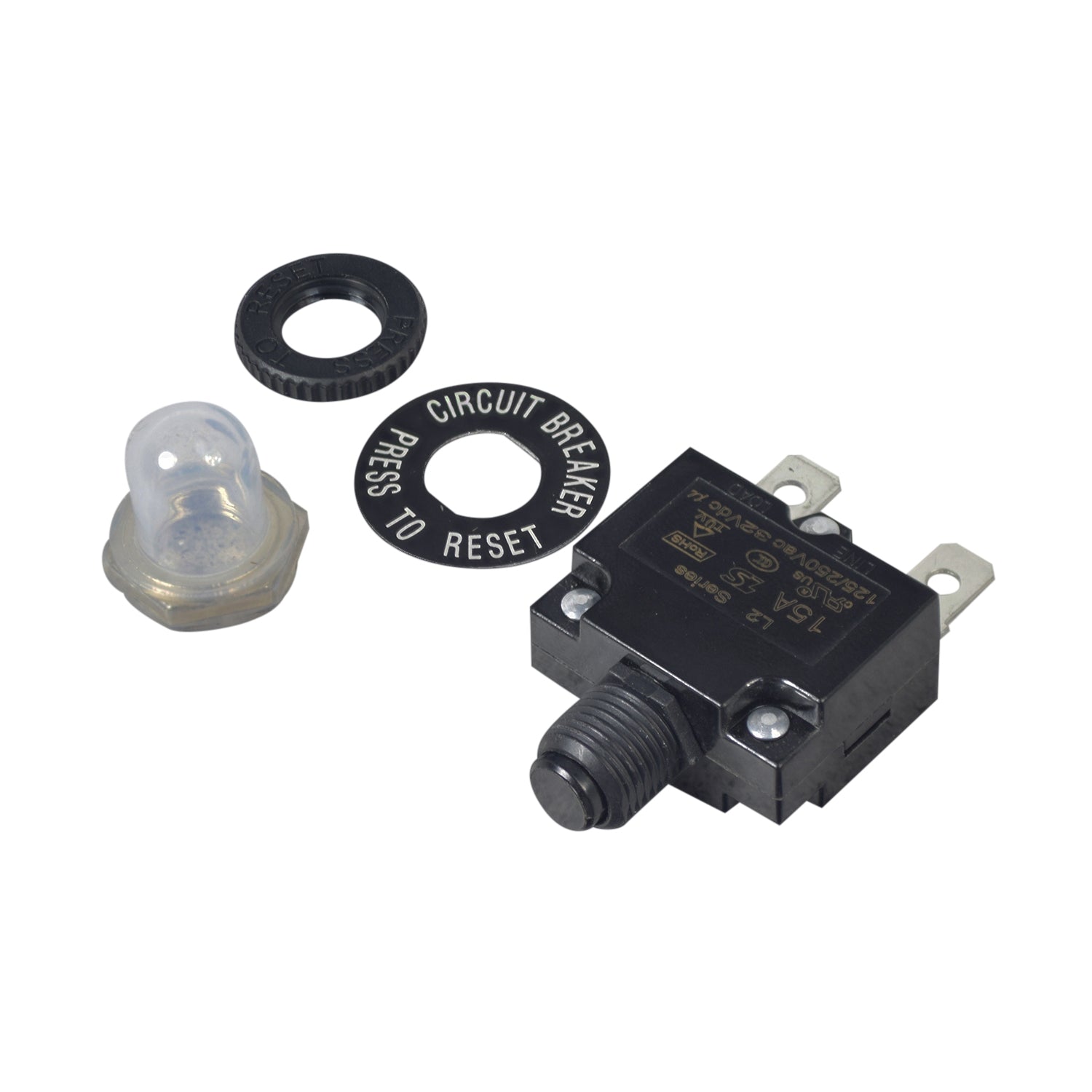 15 Amp 32VDC Push-Button Reset Circuit Breaker with 1/4 Tab Terminals, featuring a black circular button, clear plastic cap, and a dual D-style chamfered shaft for 7/16 hole.