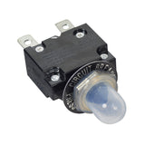 15 Amp (15A) 32VDC 125/250VAC Push-Button Reset Circuit Breaker with 1/4 Tab Terminals featuring a black electrical device with a clear protective cover and visible silver screws.