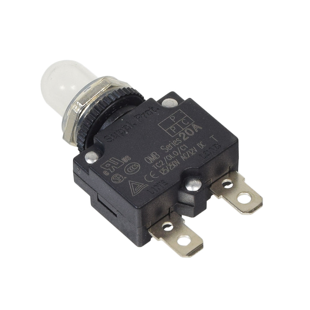 20 Amp (20A) 32VDC 125/250VAC Push-Button Reset Circuit Breaker featuring a black exterior with a metal cap and circular push button, suitable for electric scooters and mobility devices.