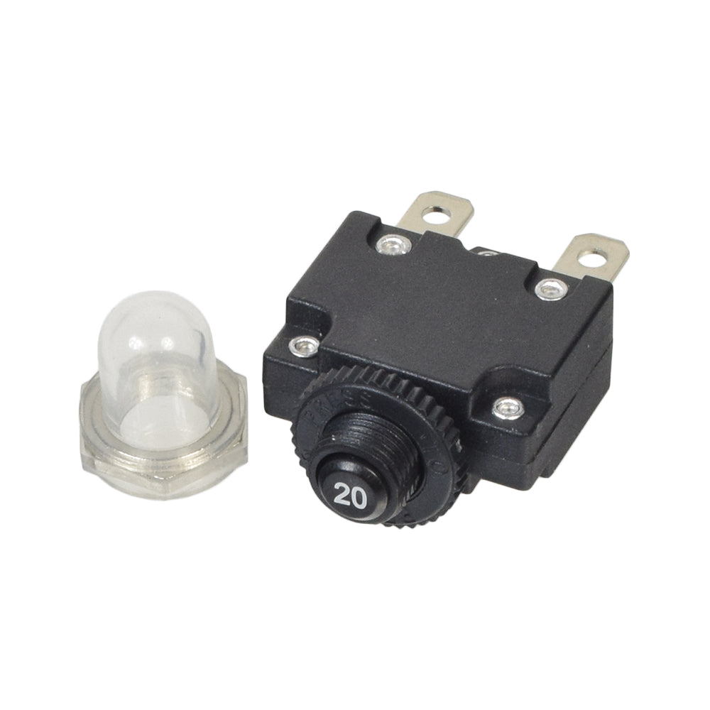 20 Amp (20A) 32VDC 125/250VAC Push-Button Reset Circuit Breaker with 1/4 Tab Terminals, featuring a black body, clear plastic cap, and small light bulb for scooters and electric bikes.