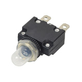 20 Amp (20A) 32VDC 125/250VAC Push-Button Reset Circuit Breaker with 1/4 Tab Terminals, featuring a black electrical switch with a clear protective boot and a plastic knob.