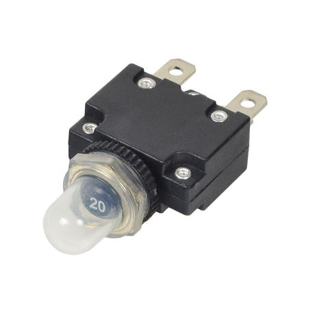 20 Amp Circuit Breaker for Razor E100, E200, E300, eSpark, Pocket Rocket, Ground Force, Ground Force Drifter, & Mini Chopper; close-up of black electrical switch with clear plastic knob and reset button.