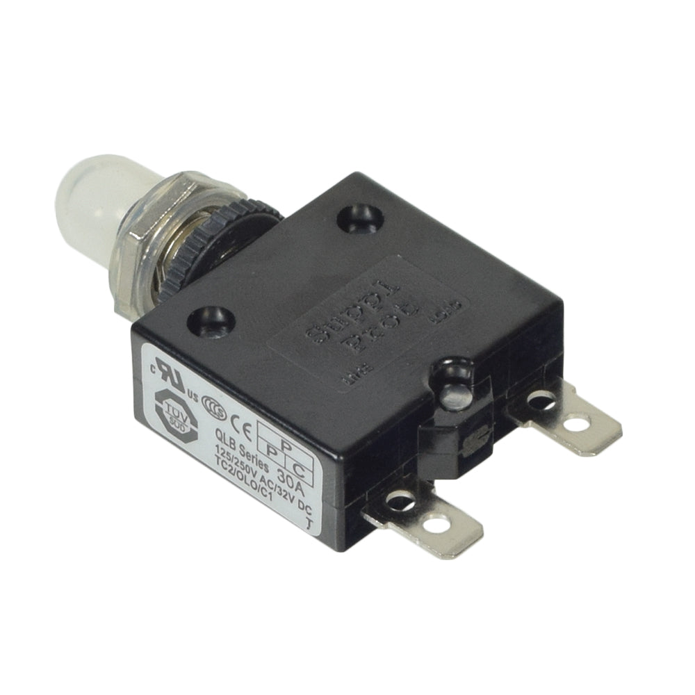 30 Amp (30A) 32VDC 125/250VAC Push-Button Reset Circuit Breaker with 1/4 Tab Terminals, featuring a dual D-style chamfered shaft and a push-button for easy resetting, shown in a close-up view.