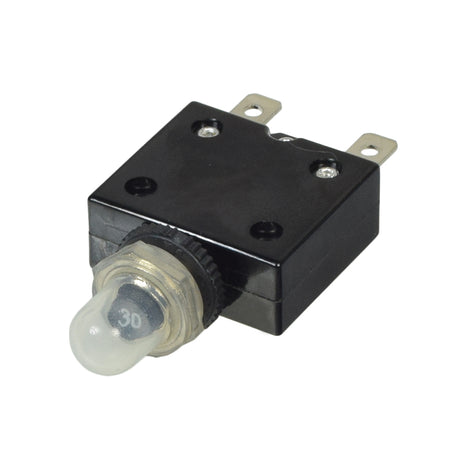 30 Amp (30A) 32VDC 125/250VAC Push-Button Reset Circuit Breaker with 1/4 Tab Terminals features a black box design with a prominent light bulb and a circular push-button.