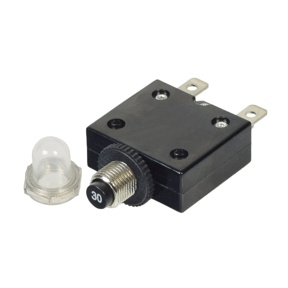 30 Amp (30A) 32VDC 125/250VAC Push-Button Reset Circuit Breaker, black and silver device with a small light bulb, featuring a clear plastic cap with a metal nut.