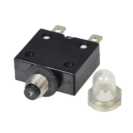 7 Amp DC Circuit Breaker for Razor E100 & E125 (Versions 1-15) & E150 (Versions 1-5), featuring a black rectangular panel mount with a clear cap and push-to-reset button.