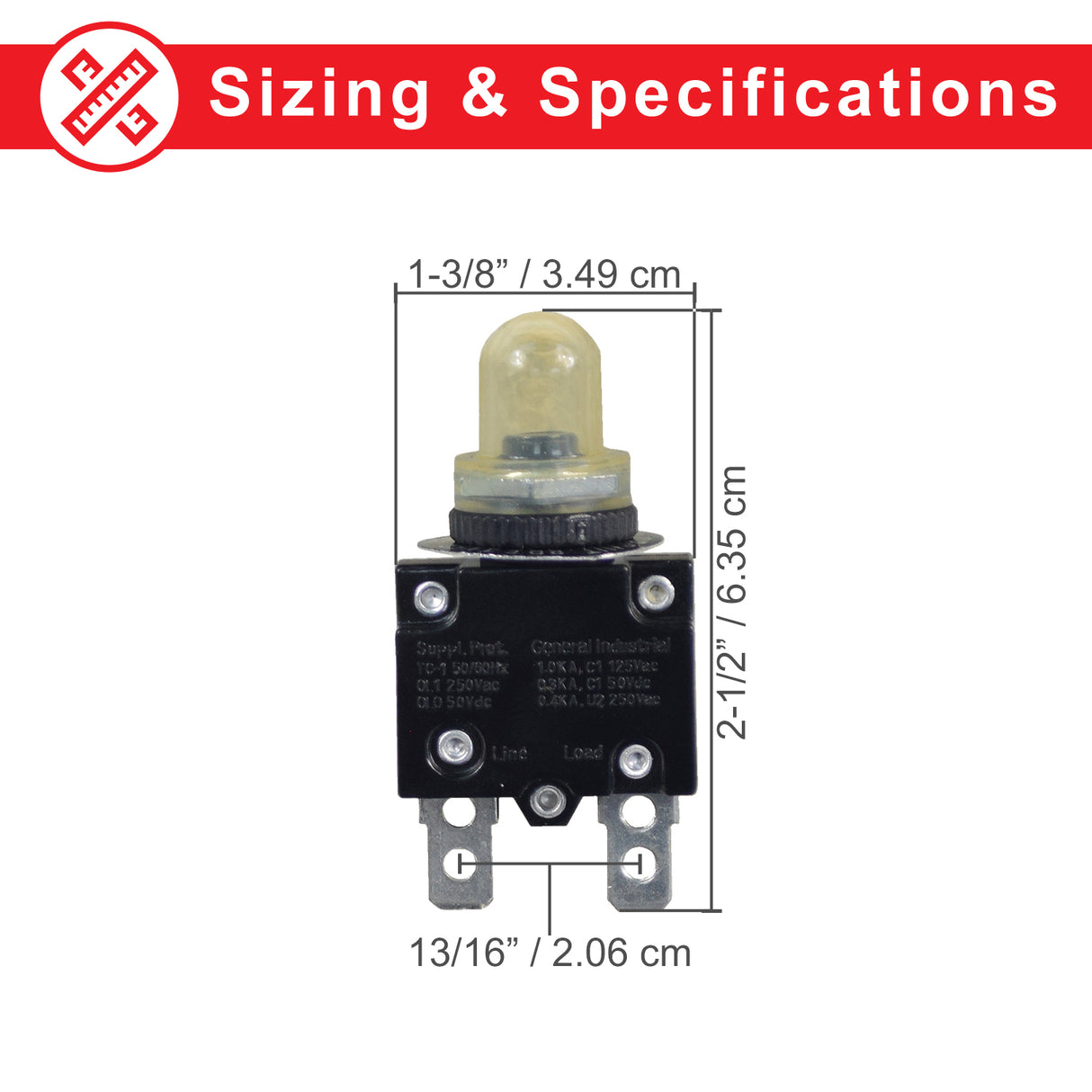 20 Amp (20A) 50VDC 125/250VAC Push-Button Reset Circuit Breaker with a threaded metal shaft, collar, clear plastic boot cover, and a black and yellow push-button.