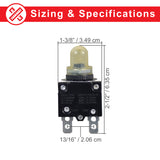 20 Amp (20A) 50VDC 125/250VAC Push-Button Reset Circuit Breaker with a threaded metal shaft, collar, clear plastic boot cover, and a black and yellow push-button.