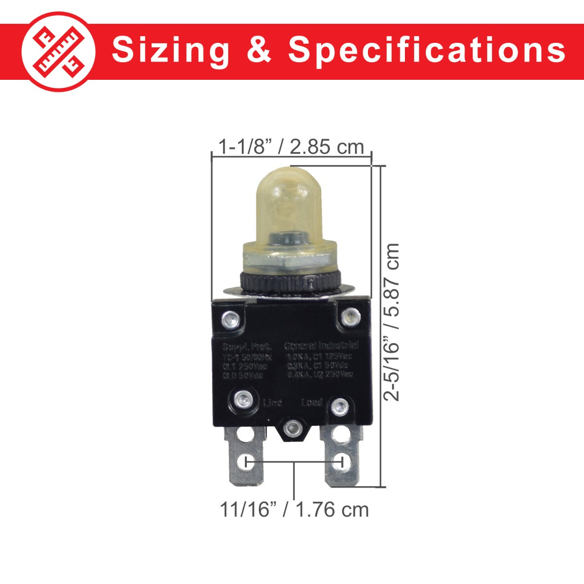 3 Amp (3A) 32VDC 125/250VAC Push-Button Reset Circuit Breaker with 1/4 Tab Terminals, showing a black box with a yellow knob and a clear plastic boot for dust protection.