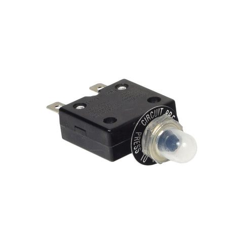 35 Amp (35A) 125/250V AC/32V DC Push-Button Reset Circuit Breaker with 1/4 Tab Terminals for Mobility Scooters, featuring a black rectangular body and a round protective cap.