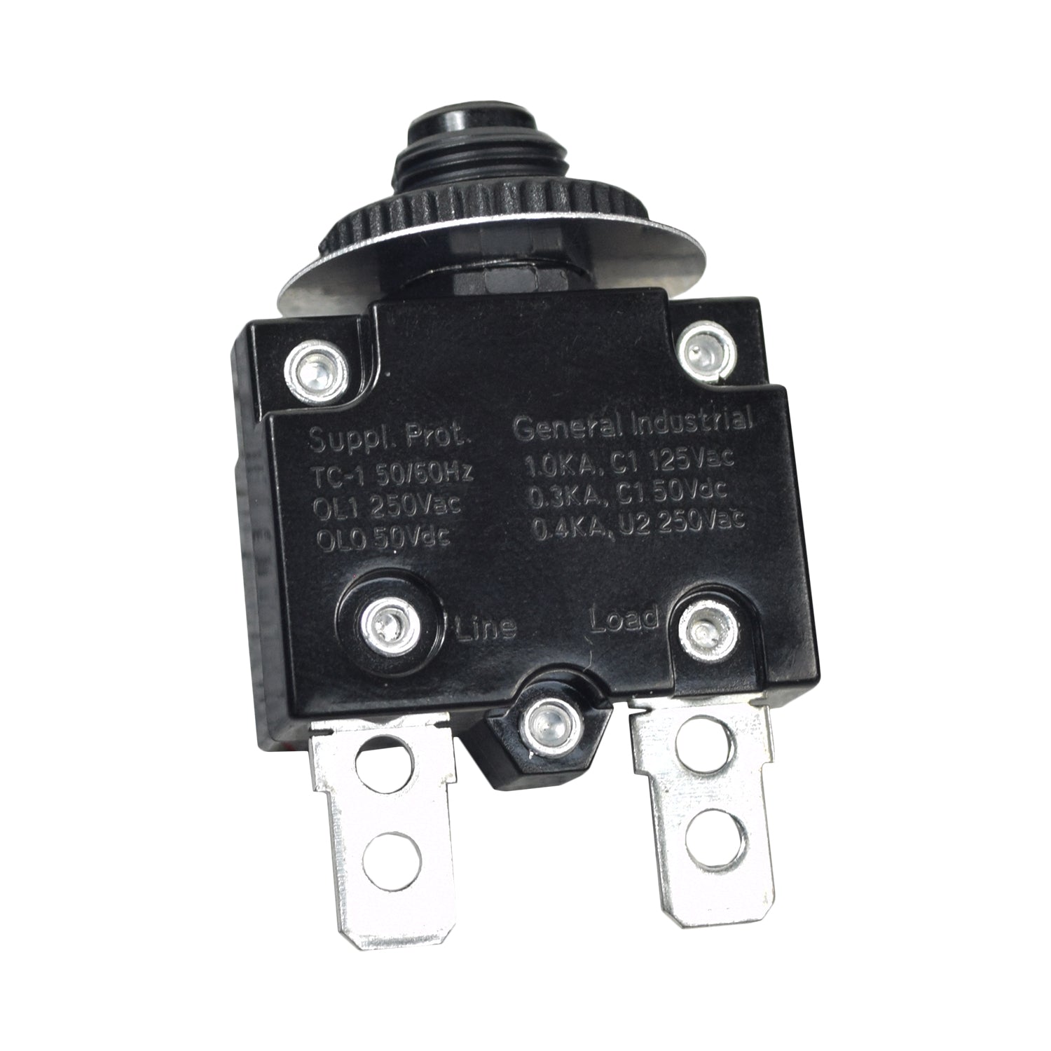 8 Amp (8A) 50VDC 125/250VAC Push-Button Reset Circuit Breaker with 1/4 Tab Terminals for the Razor E100 Power Core Electric Scooter, featuring a black rectangular body with visible silver screws and button.