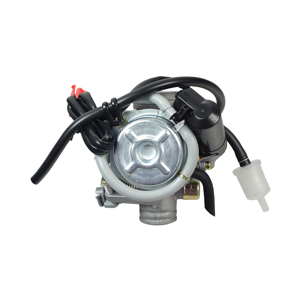 150cc Carburetor for the Baja Reaction Go Kart (BR150S) - VIN Prefix L6K, featuring a close-up of intricate metal components and connecting black cables, essential for various 125-150cc gasoline engines.