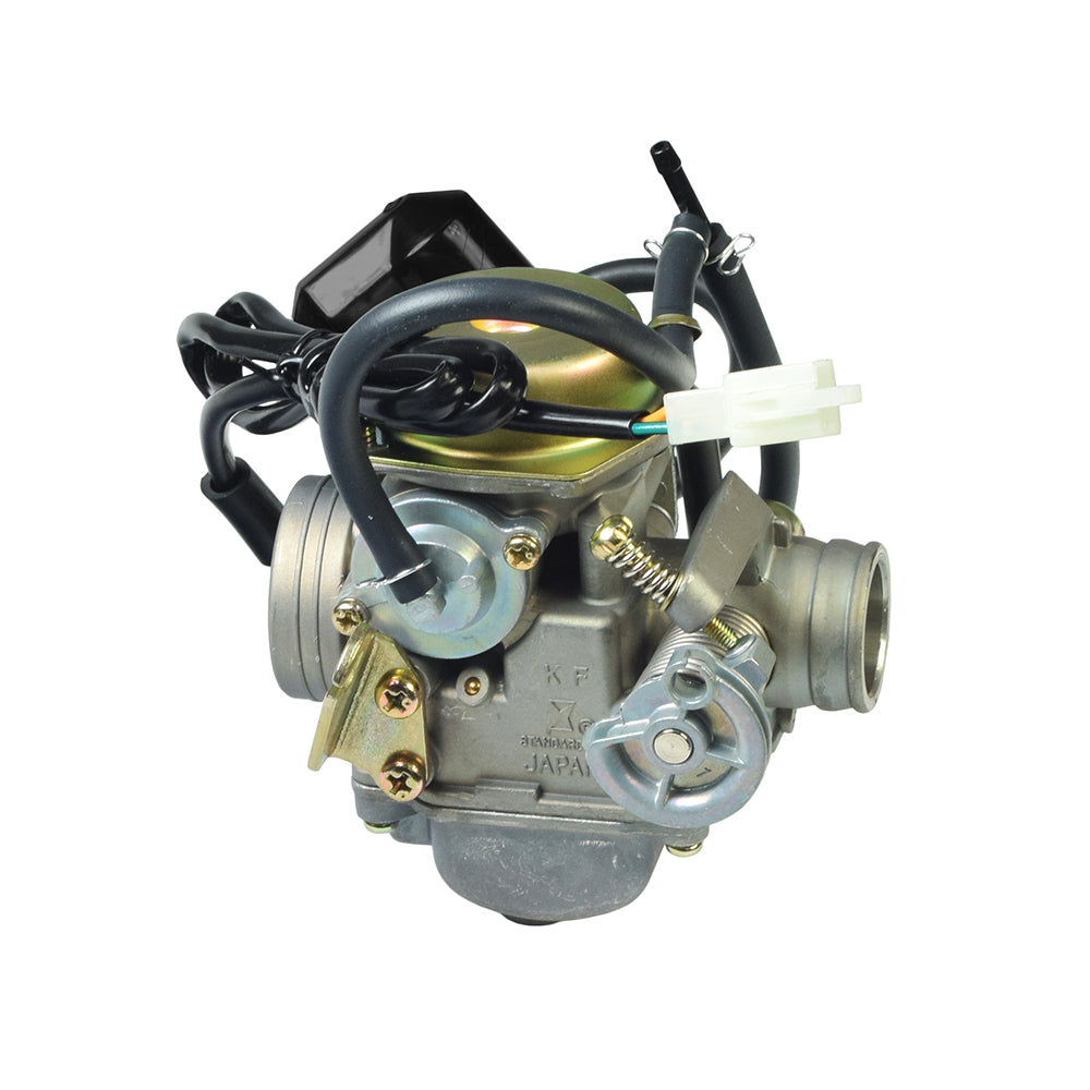 Close-up of a 150cc carburetor for the Baja 150 (BA150) ATV and Dune 150 Go-Kart (DN150), showcasing intricate metal parts, screws, and mechanical components.