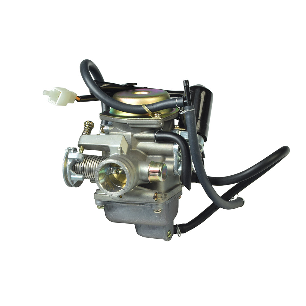 Close-up of a 150cc Carburetor for Baja 150 (BA150) ATV and Dune 150 Go-Kart (DN150), showcasing intricate metal components essential for engine performance in ATVs and go-karts.