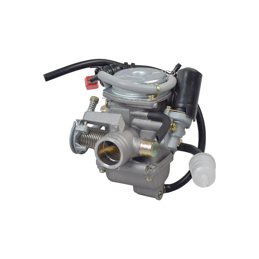 150cc Carburetor for Baja 150 (BA150) ATV and Dune 150 Go-Kart (DN150) with black cables, visible metal components, and close-up detailing of the engine's intricate parts.