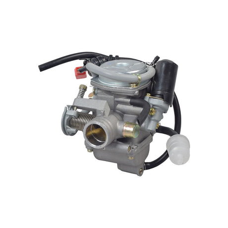 150cc Carburetor for Baja 150 (BA150) ATV and Dune 150 Go-Kart (DN150) with black cables, visible metal components, and close-up detailing of the engine's intricate parts.