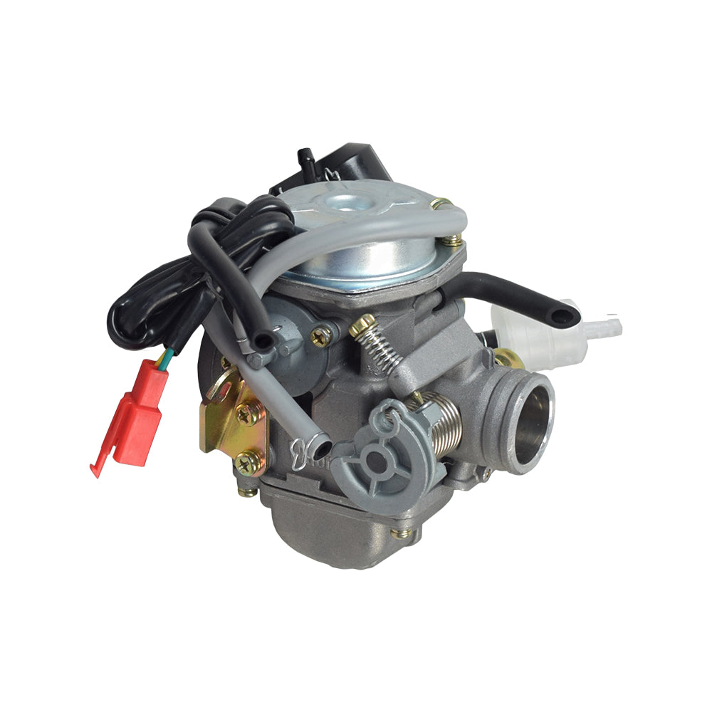 Carburetor with 24 mm Intake & Electric Choke for the TaoTao Lancer 150 Scooter, featuring detailed vacuum hoses, wiring, and a 2-pin connector.