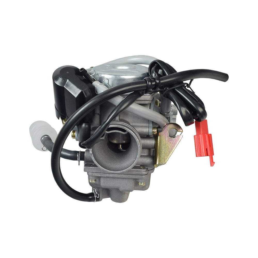 Carburetor with 24 mm Intake & Electric Choke for the TaoTao Roman 150 Scooter, featuring attached vacuum hoses, green-yellow wiring, and a 2-pin connector, suitable for various scooters and ATVs.