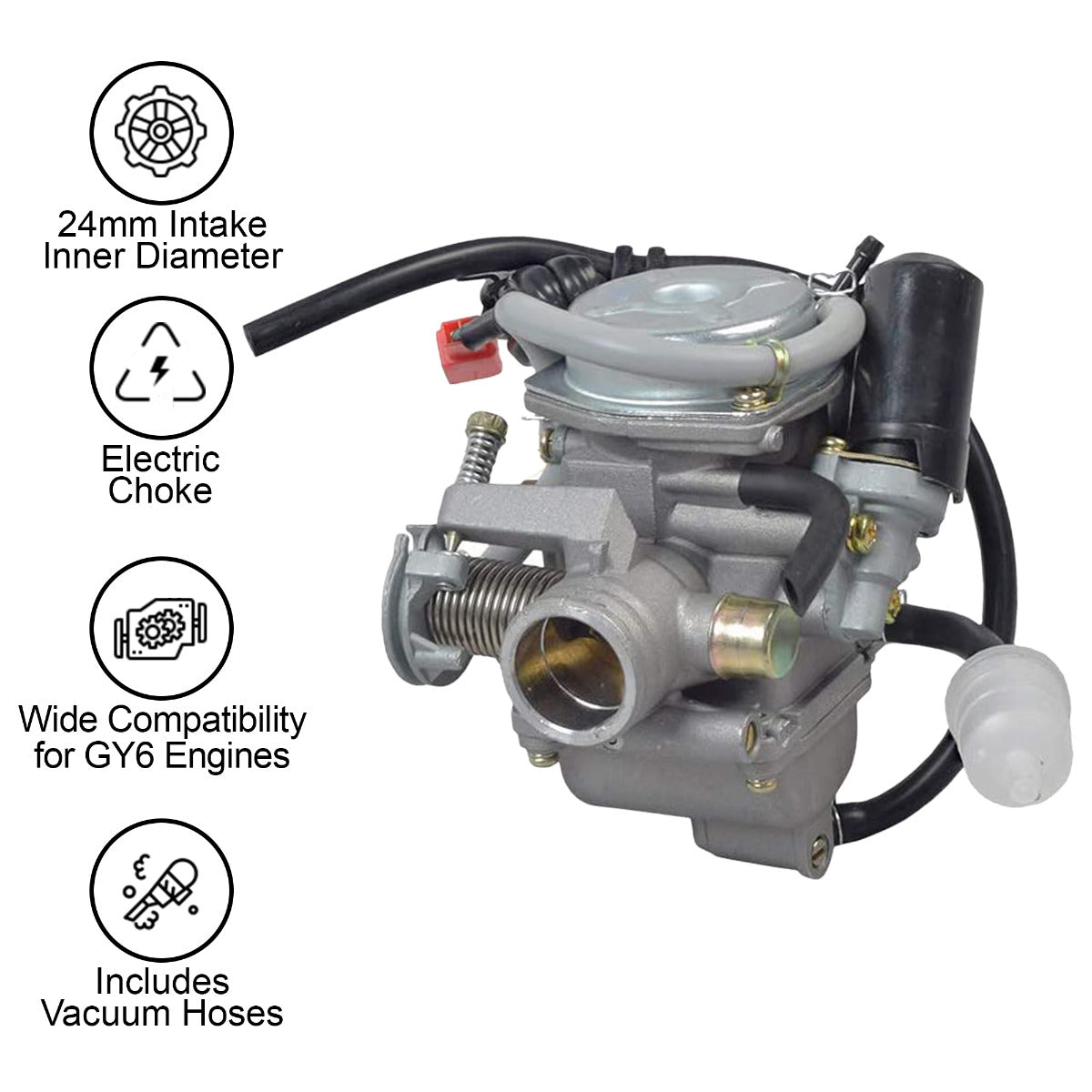 Close-up of the 150cc carburetor for Baja 150 (BA150) ATV and Dune 150 (DN150) go-kart, featuring intricate metal components and mechanical parts essential for engine performance.