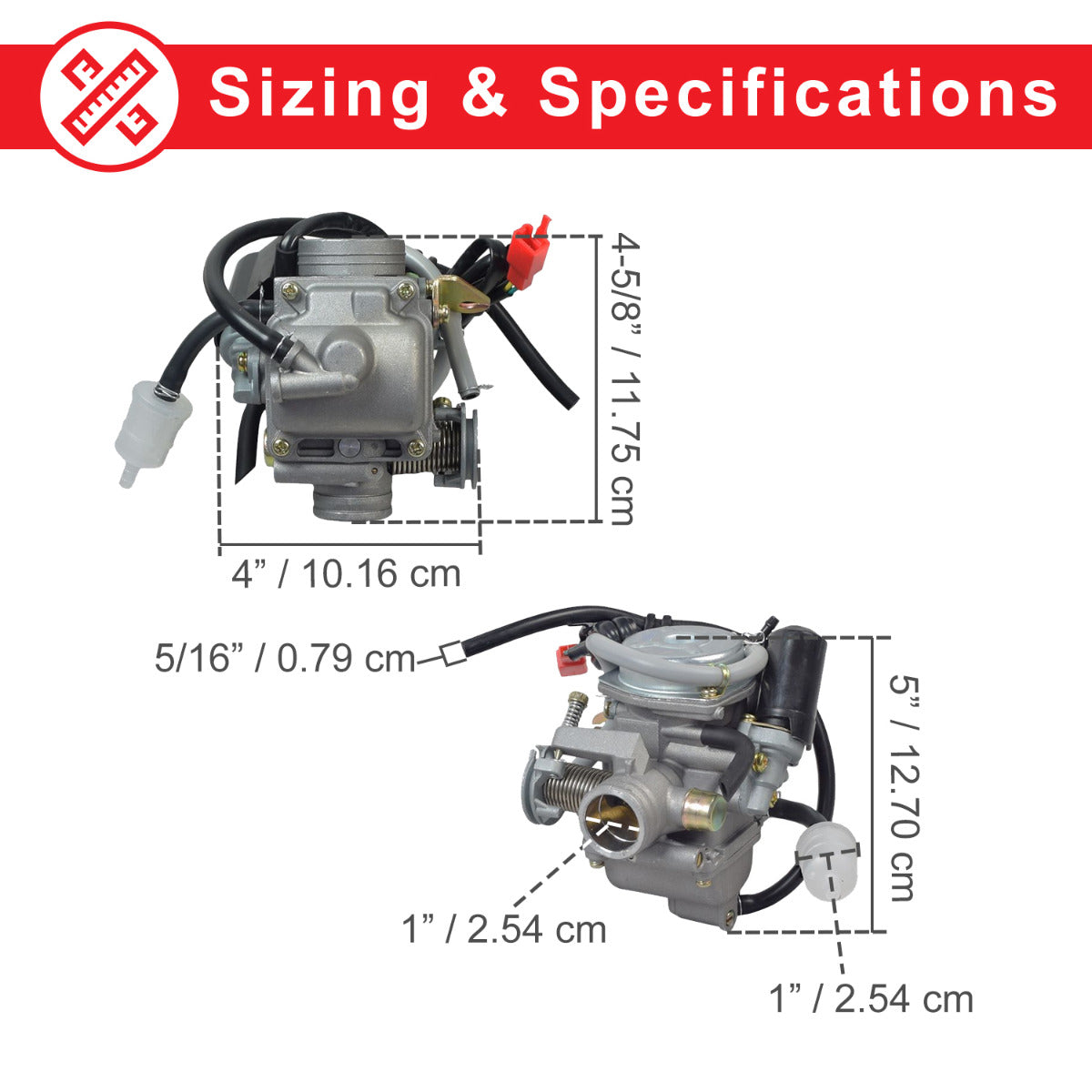 125cc-150cc GY6 Scooter, ATV, Go Kart, and Dirt Bike Carburetor with 24mm Intake & Electric Choke showing a detailed view of the carburetor assembly and connections.