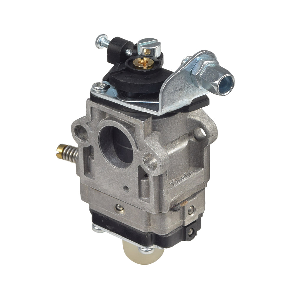 Gas Scooter Parts: Scooter Carburetor with 15 mm Intake, featuring black and silver metal components, close-up views of key parts like the bolt and pipe, made by Wuazhon for 2-stroke engines.