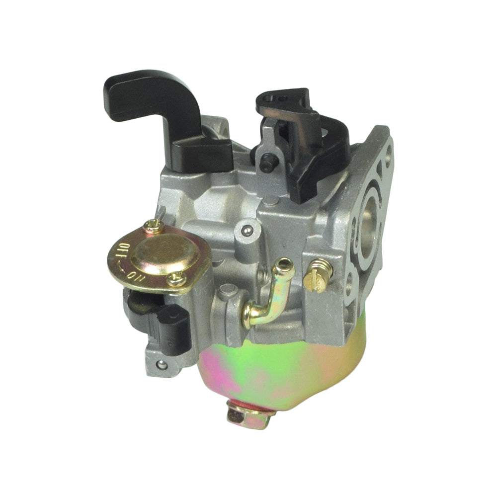 97cc Carburetor with 19 mm Intake for Baja Blitz, Dirt Bug, Doodle Bug, & Racer Mini Bikes, featuring a manual choke and fuel shut-off valve, captured in a close-up of its mechanical components.